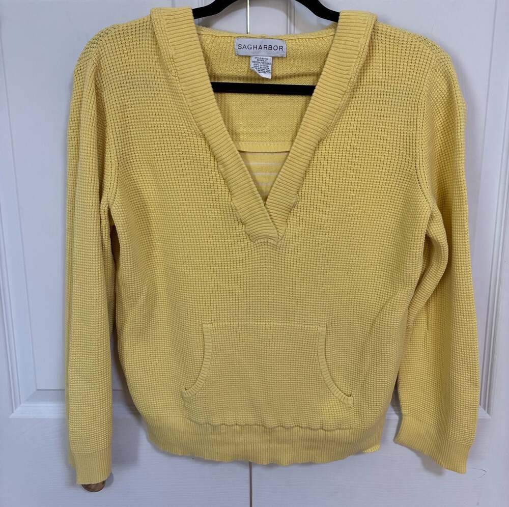 Sag Harbor Yellow 100% Cotton V-Neck Knit Hoodie Sweater